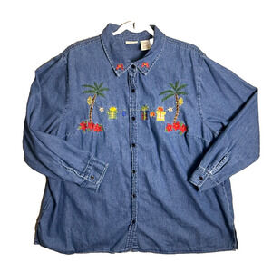 Christmas Palm Trees Denim Button Front Shirt 22W 24W Vtg White Stag Embroidered